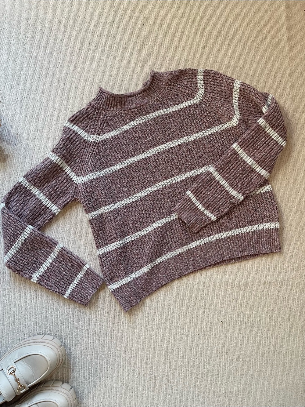 Moral Fiber Mauve Cream Striped Knit Mock Neck Sweater — Size L
